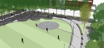 The stage/water feature with fire theatre in the background