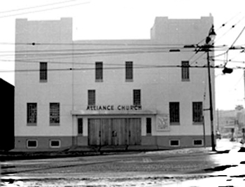 Alliance Church with the trolley lines in front