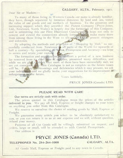 An introductory letter inside the first Canadian Catalogue An introductory letter inside the first Canadian Catalogue