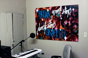 Colourful paintings liven up the space in the recording studio